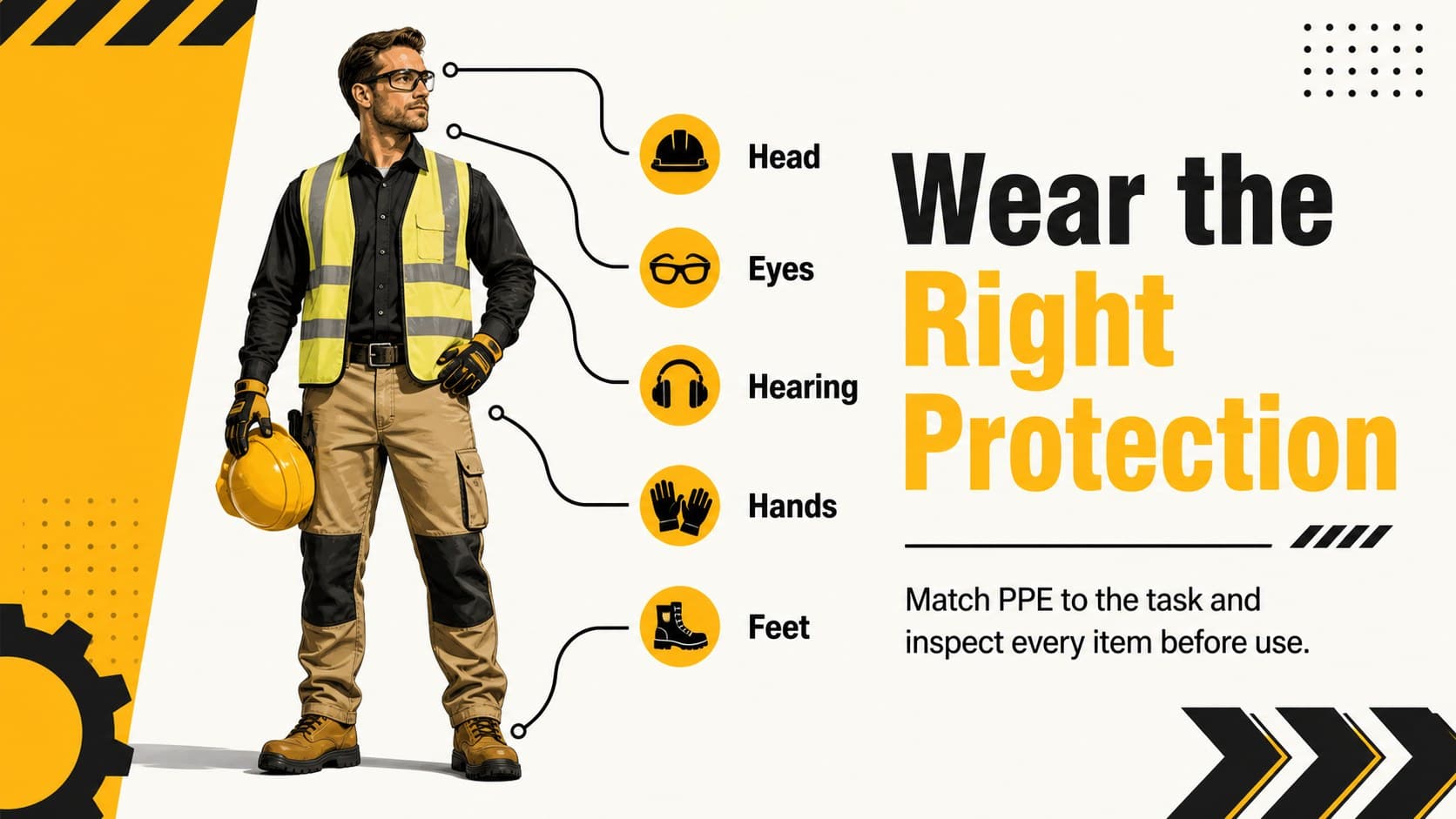 PPE compliance workshop slide showing head, eye, hand, hearing, and foot protection.