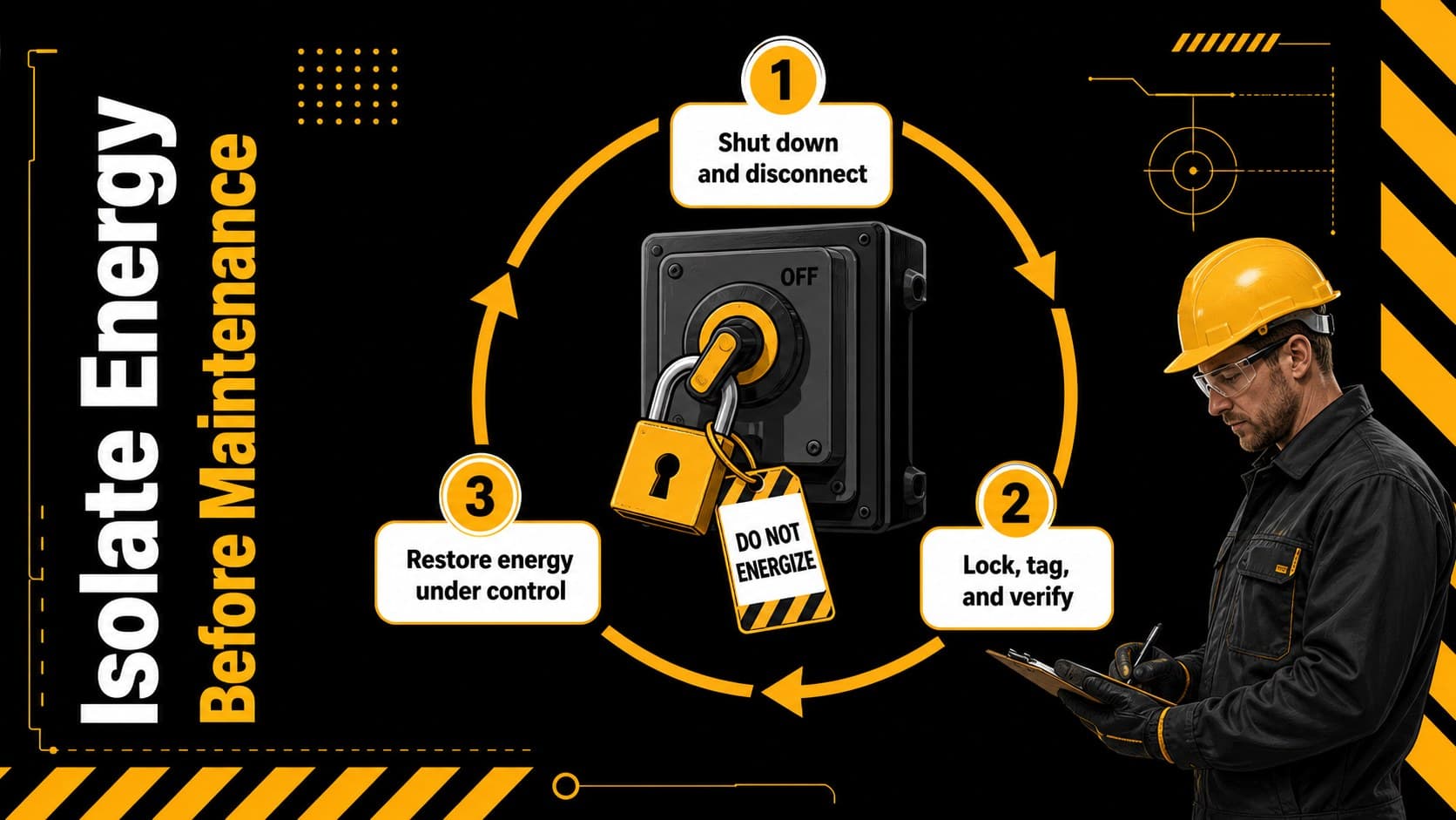 Factory safety briefing slide explaining isolation, verification, and controlled equipment restart.