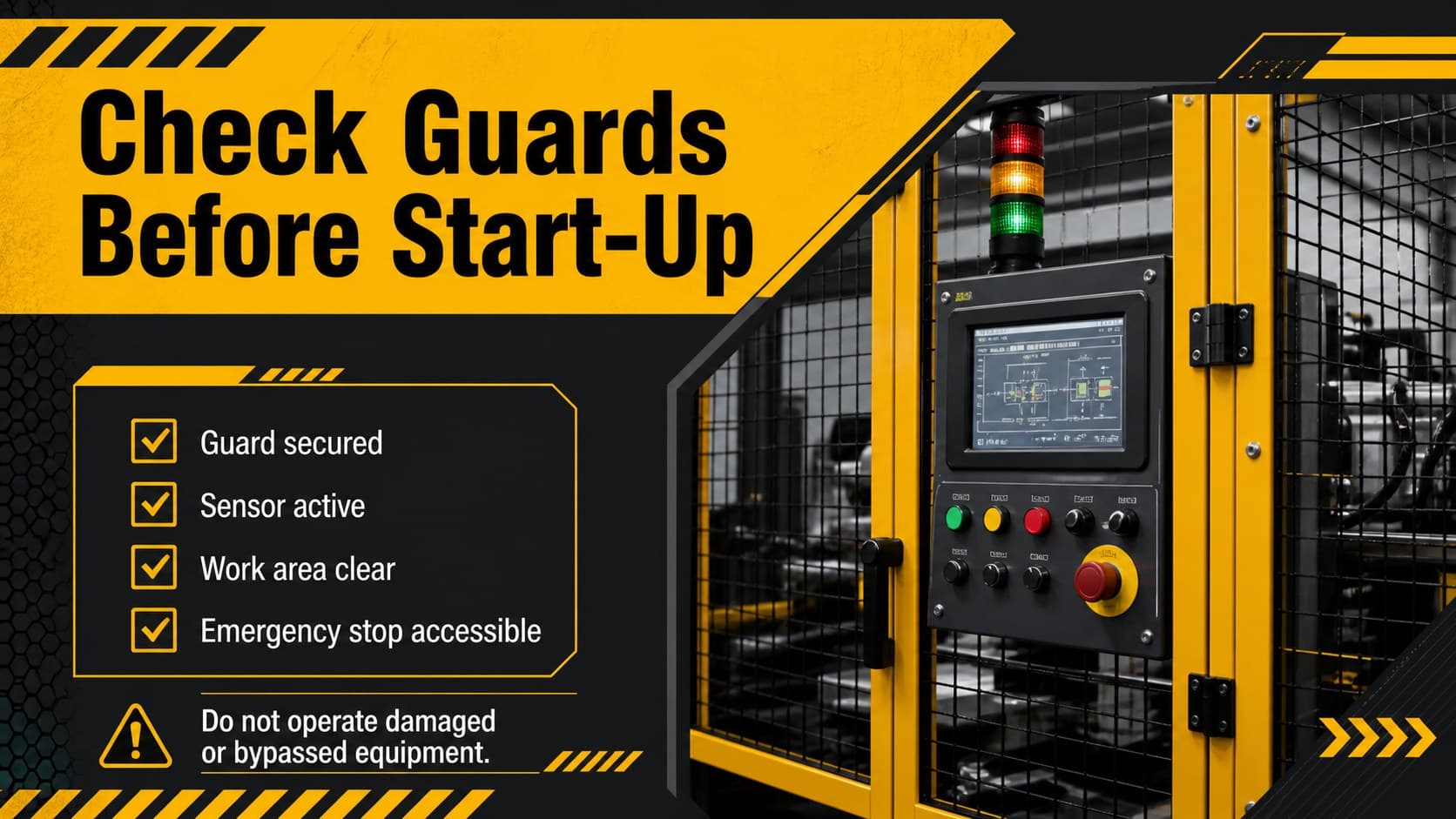 Machine guarding safety slide with a pre-start inspection checklist for industrial equipment.