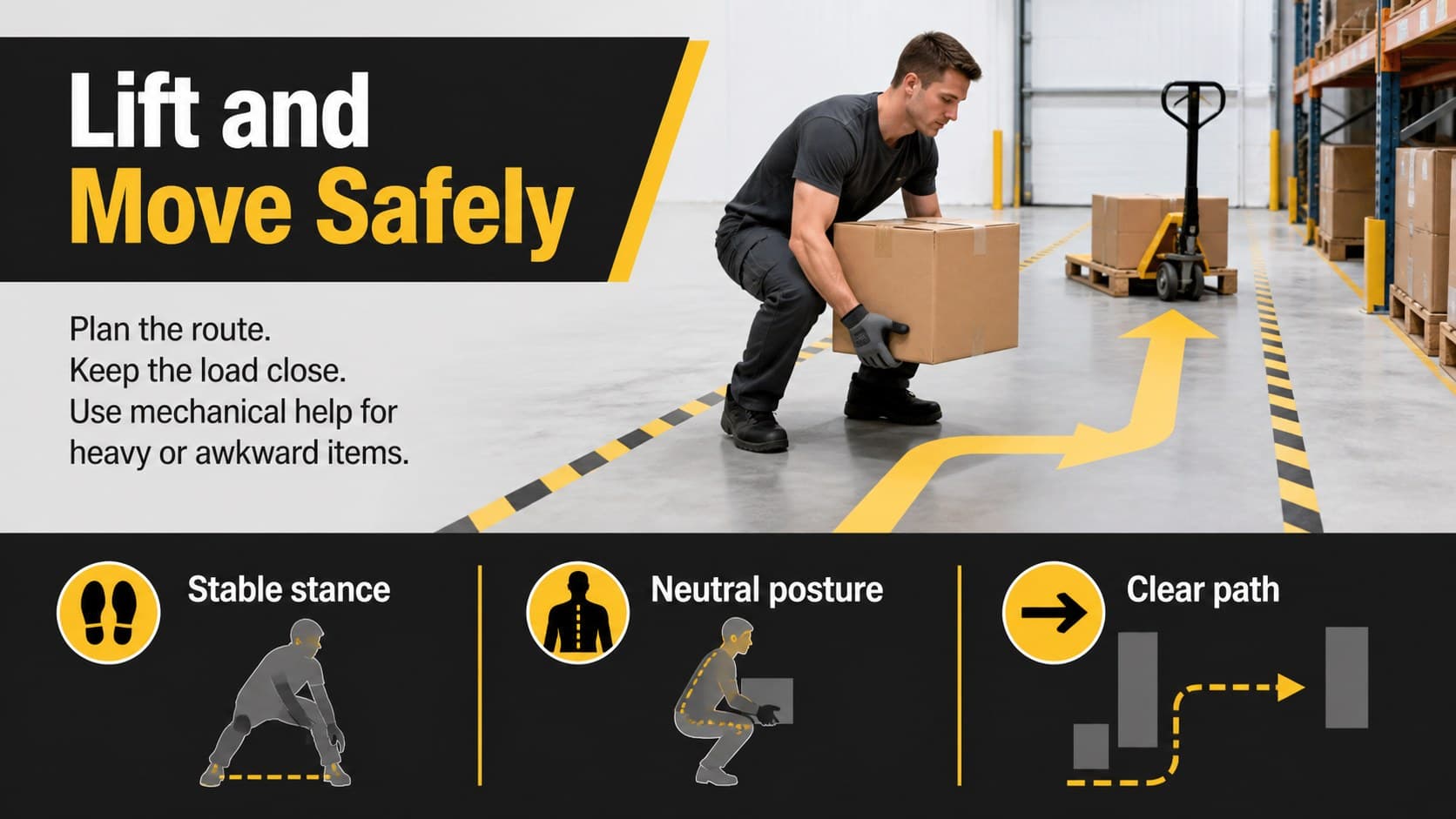 Manufacturing safety orientation slide presenting safe lifting and ergonomic work practices.