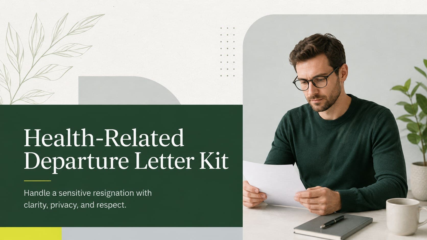 Cover of the Health-Related Departure Letter Kit with a modern green, grey, and white professional layout.