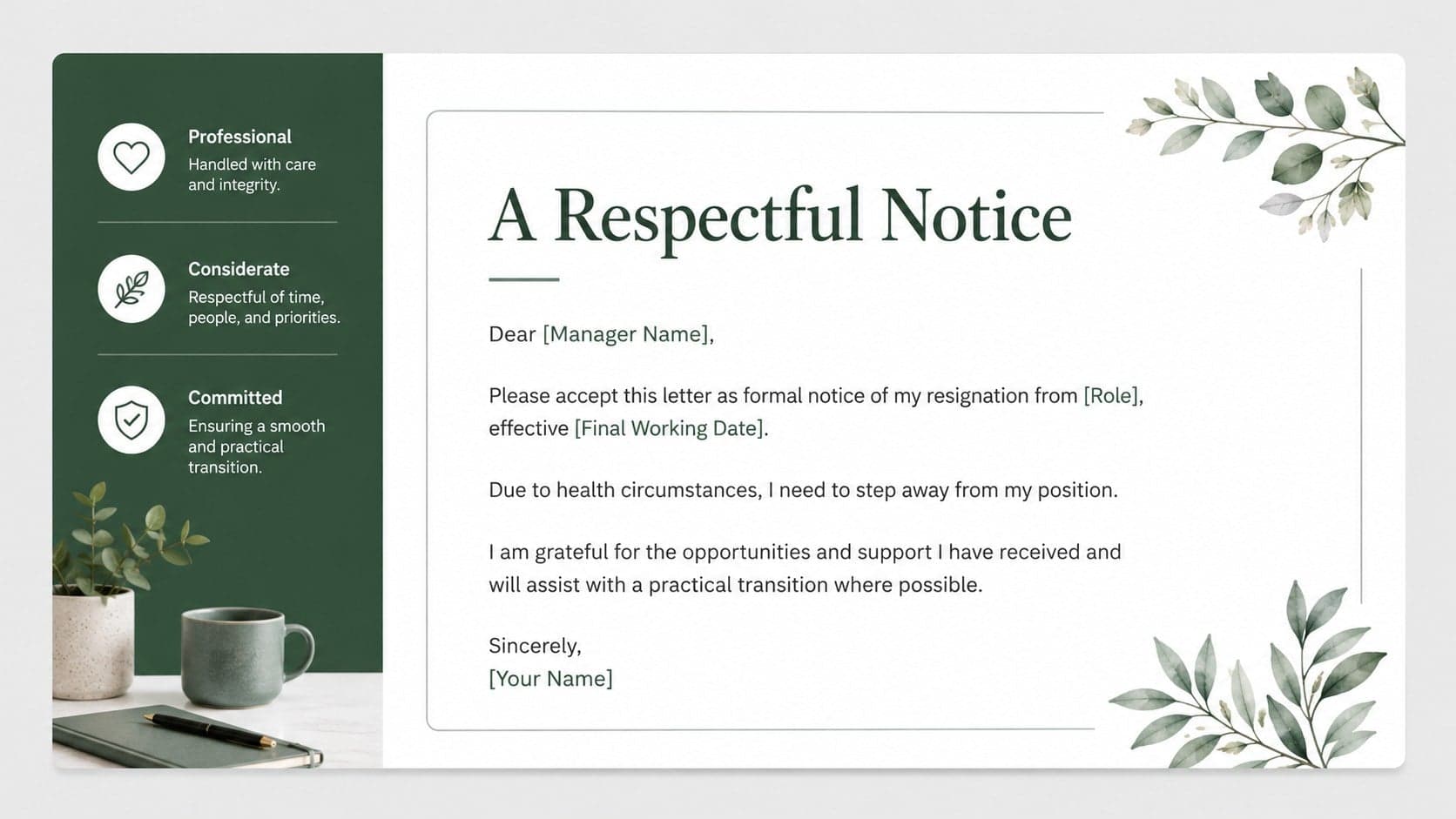 Editable health-related resignation letter template showing a respectful notice and transition message.