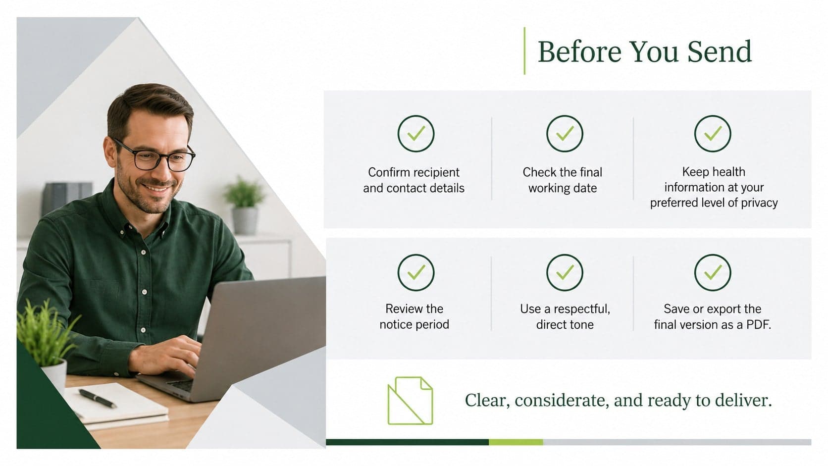 Health-related departure letter checklist for reviewing dates, tone, privacy, and contact details.