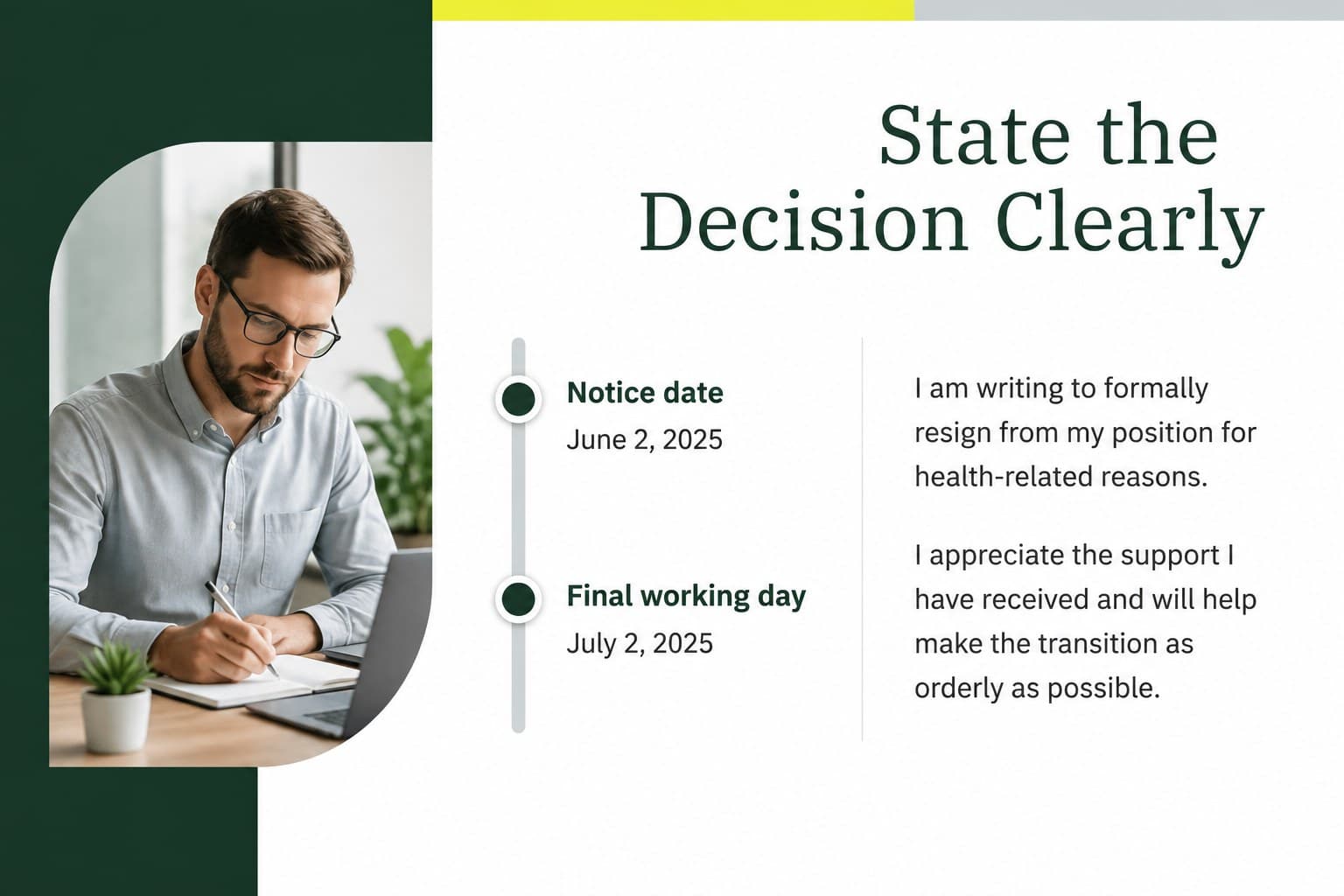 Interior slide showing respectful resignation wording and a notice timeline for a professional medical resignation letter format.