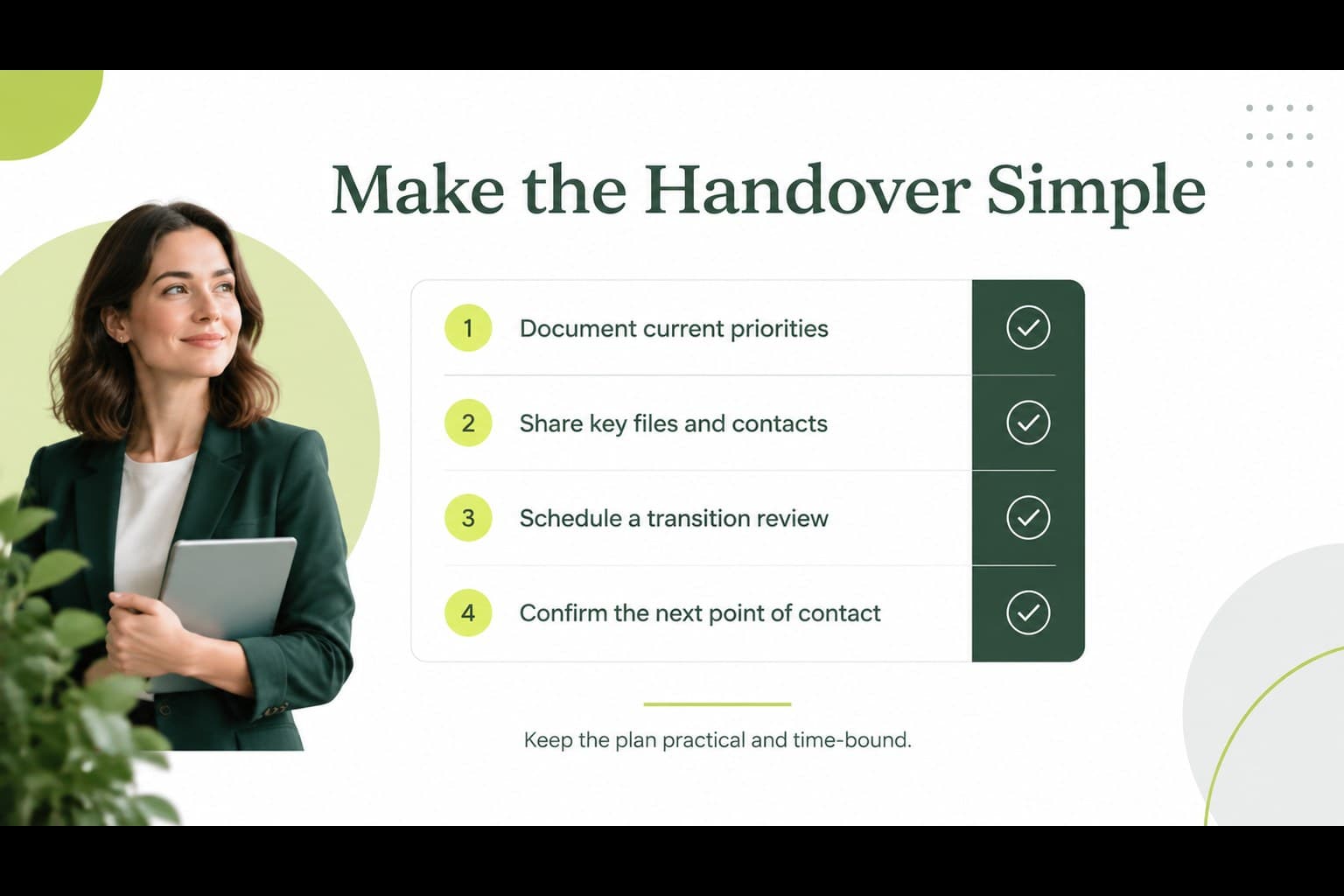 Handover checklist slide for an editable resignation notice presentation with organized transition tasks.