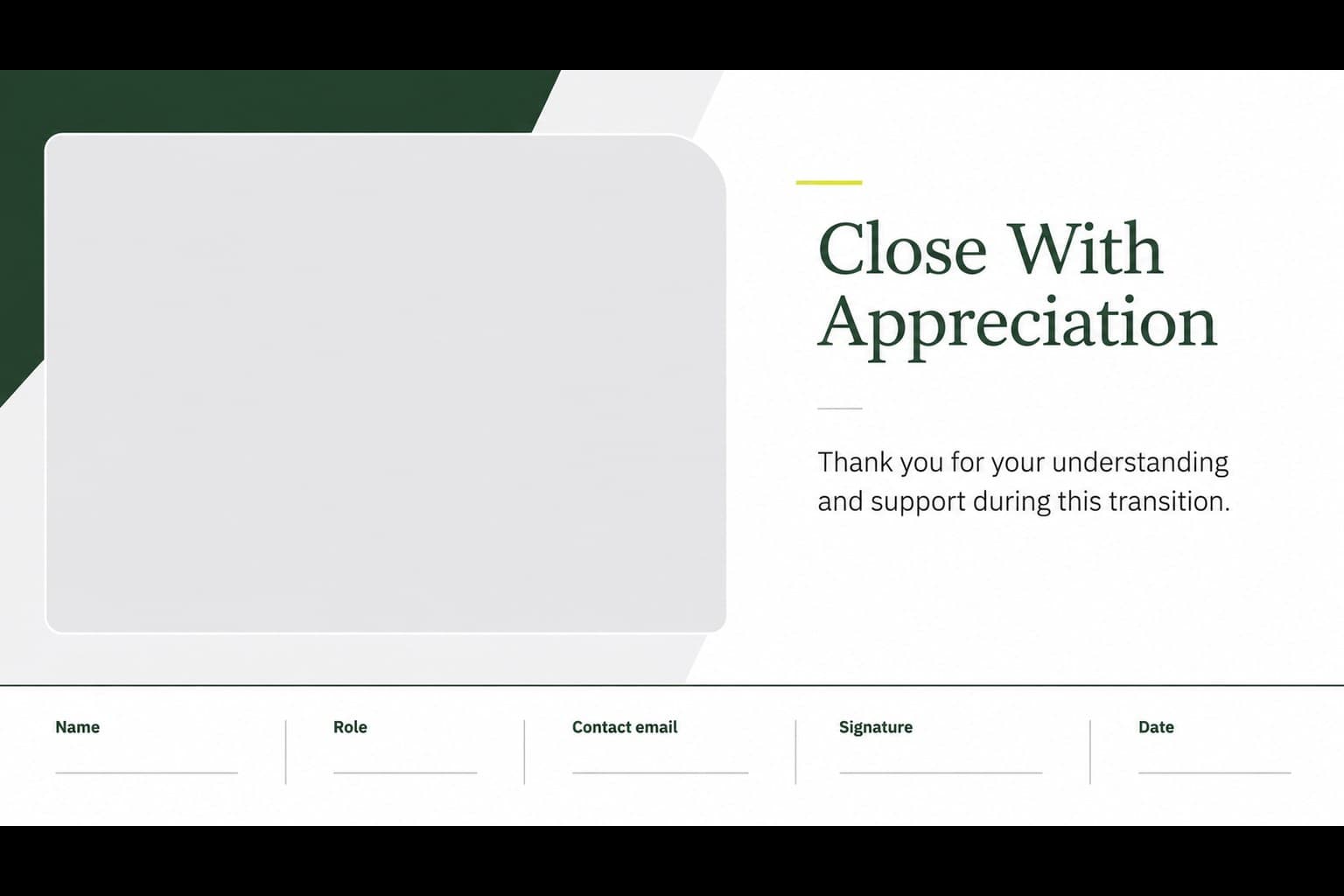 Closing slide with contact details and signature fields for a respectful health resignation letter slides template.