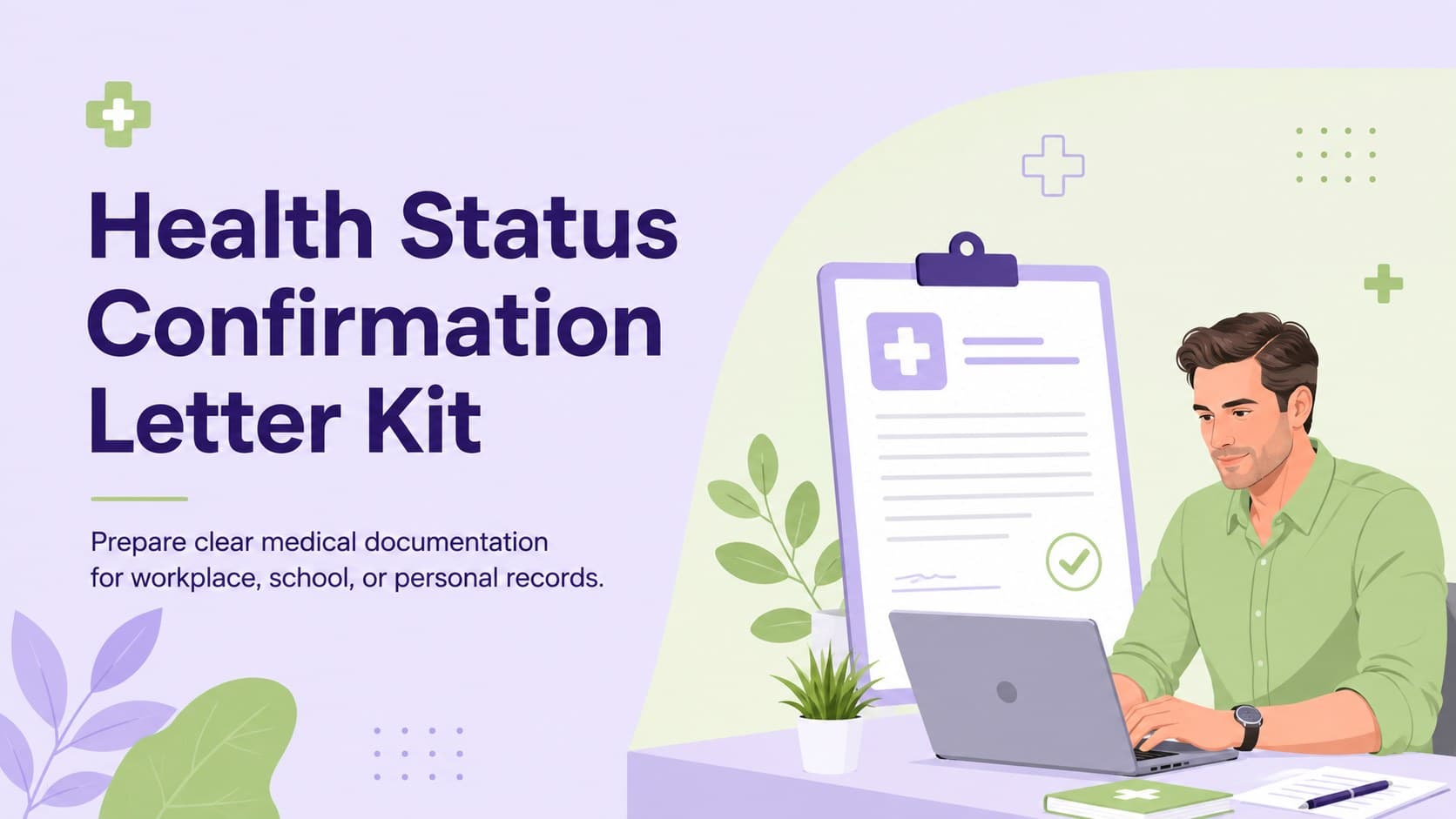Cover of a purple and green Health Status Confirmation Letter Kit with clean medical illustrations.