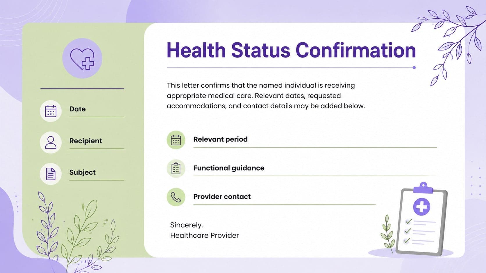 Editable health confirmation letter layout with recipient details, verification text, and provider contact fields.