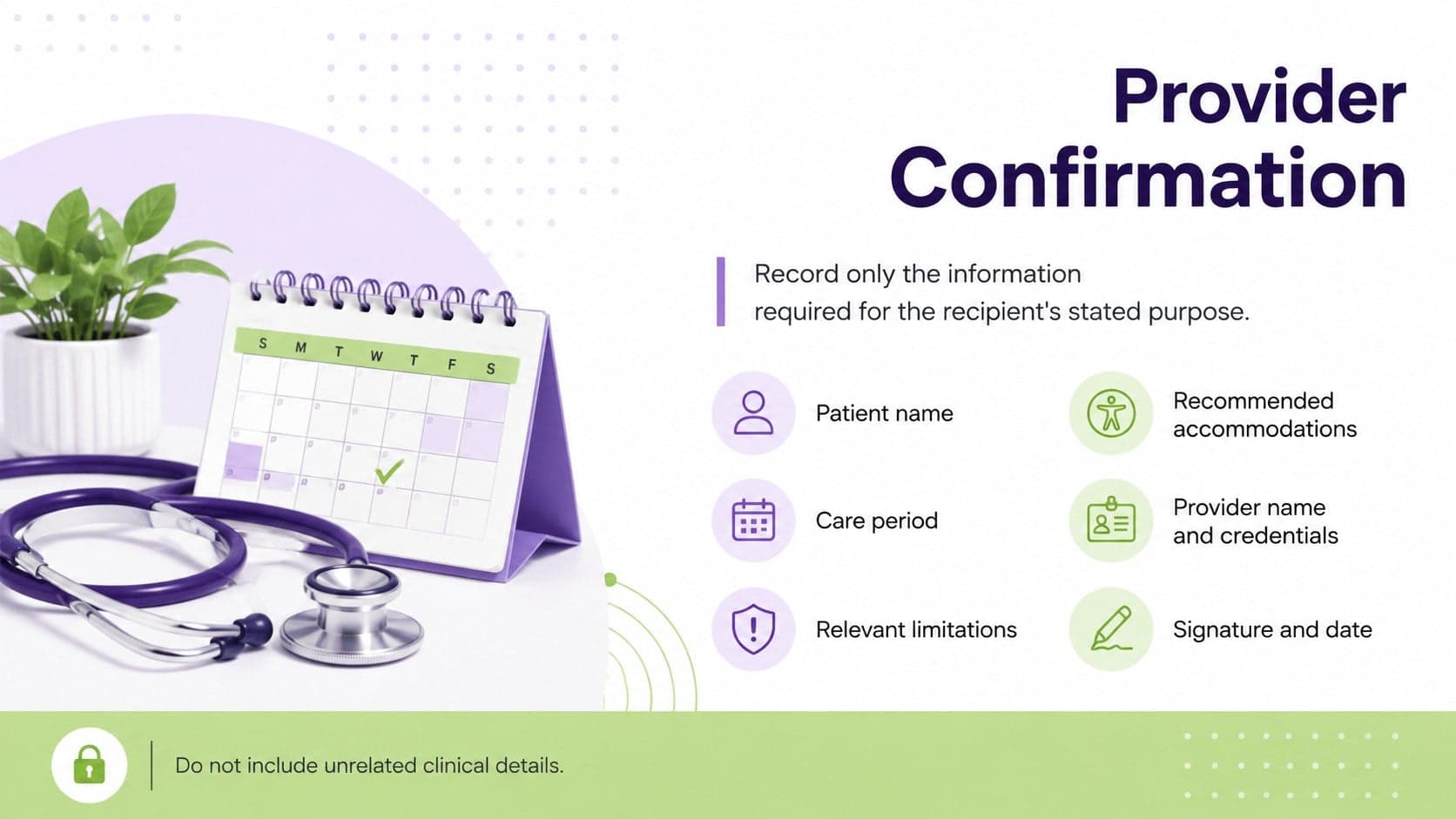 Provider statement slide with medical verification fields and a privacy-focused disclosure note.