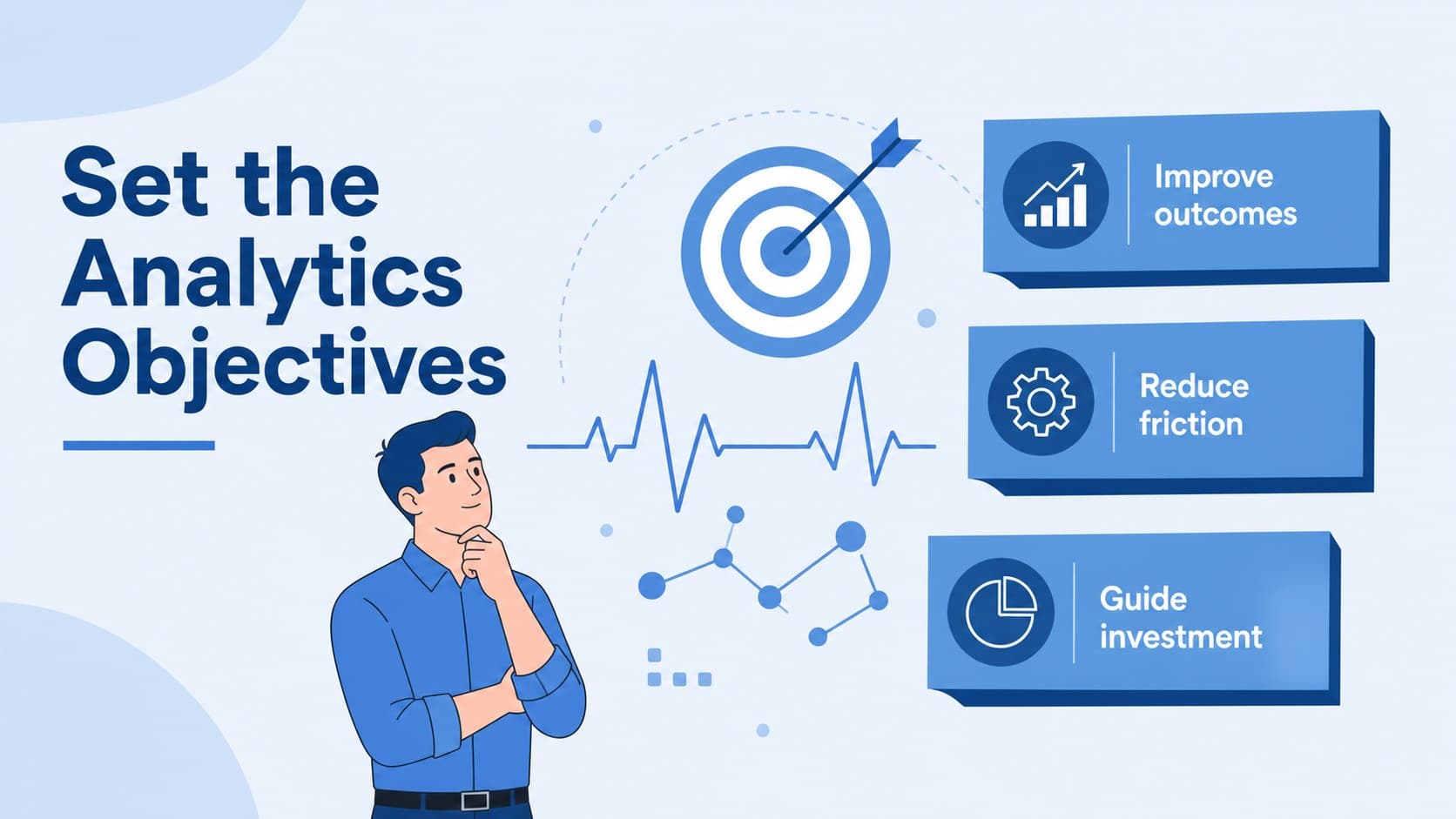 Healthcare analytics objectives slide showing strategic goals with blue medical illustrations.