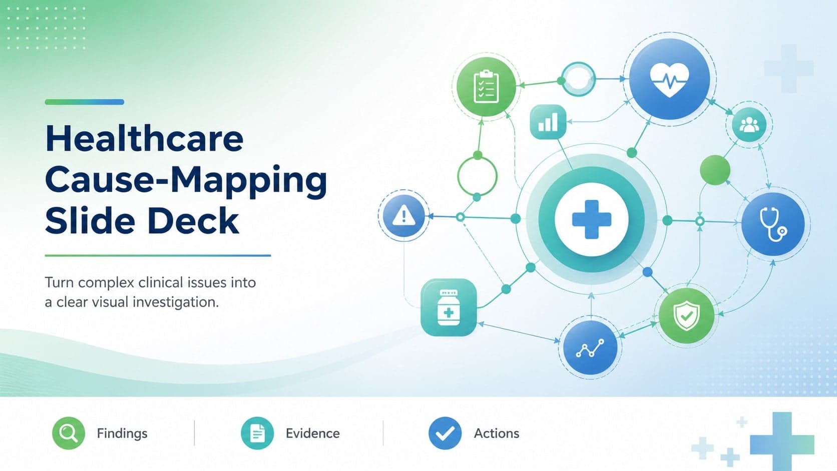 Healthcare cause-mapping slide deck cover with a green, white, and blue clinical analysis theme.