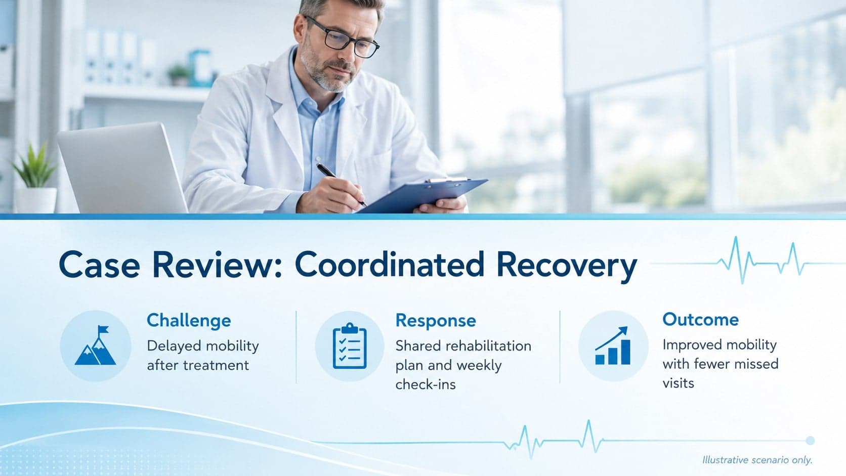 Clinical case review slide summarizing a care challenge, coordinated response, and patient outcome.