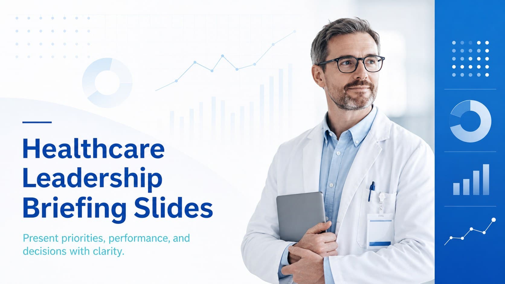 Cover for Healthcare Leadership Briefing Slides with a minimal blue-and-white executive presentation design.