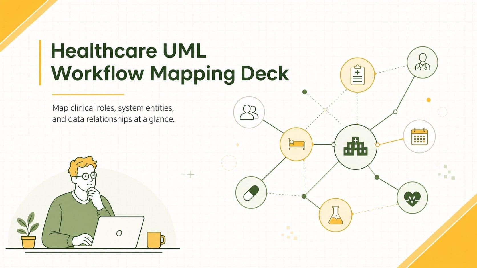 Cover of a healthcare UML workflow mapping deck with clean yellow and green system graphics on a white background.