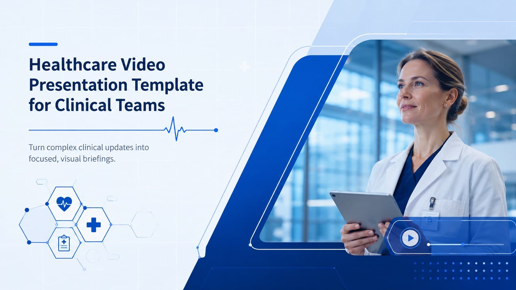 Blue healthcare video presentation template cover for clinical team briefings and medical staff training.