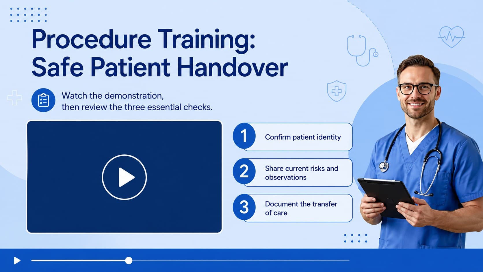 Hospital staff training presentation slide with an embedded procedure video and three clinical learning points.