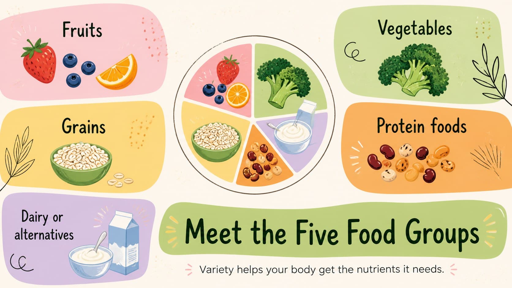 Food groups classroom presentation slide with five illustrated nutrient categories.