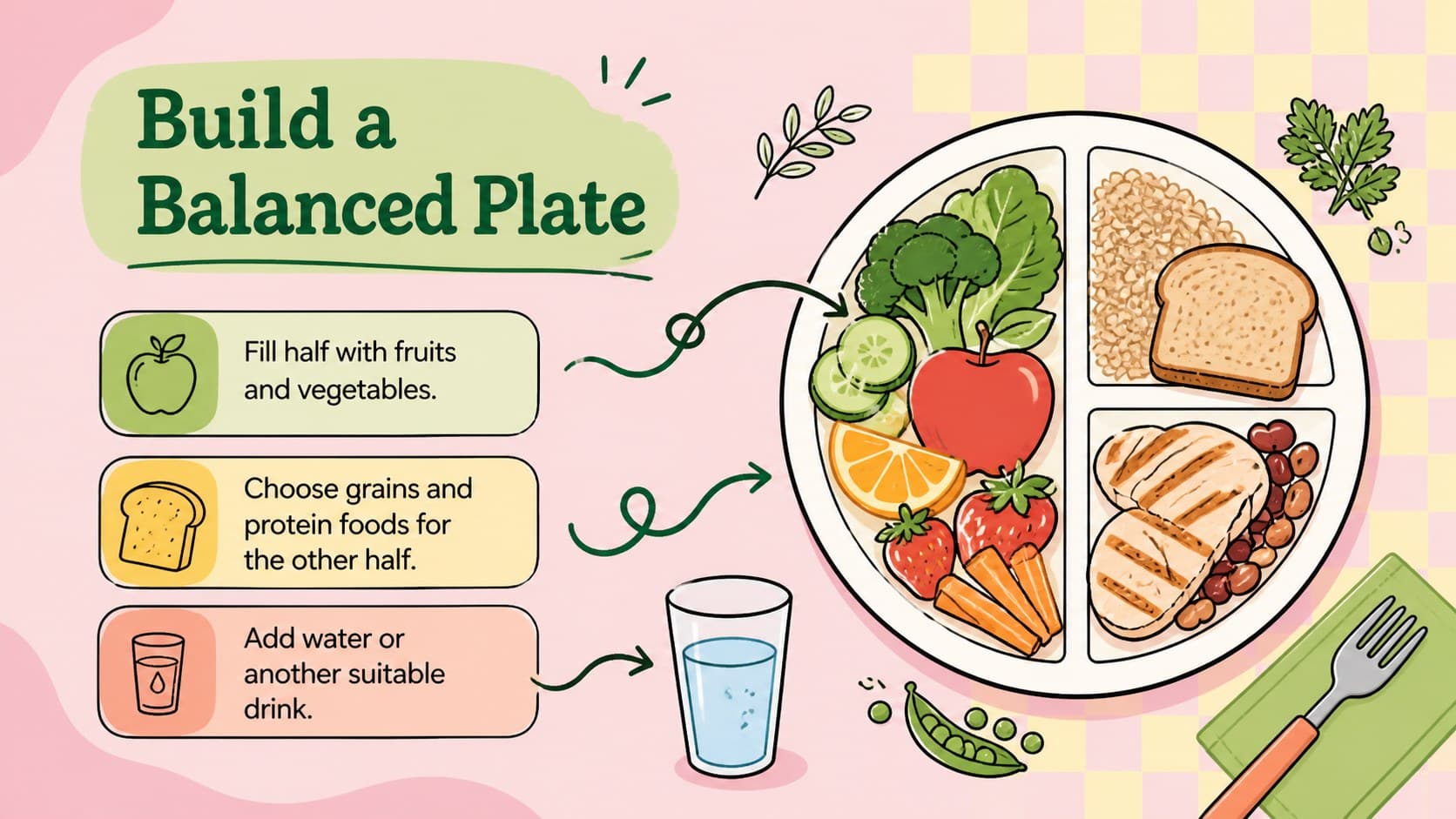 Balanced meal planning slide illustrating recommended portions on a colorful plate.