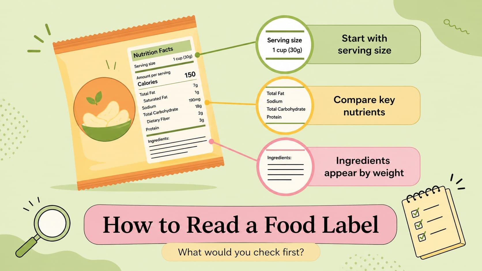 Food label discussion slide highlighting serving size, nutrients, and ingredient order.