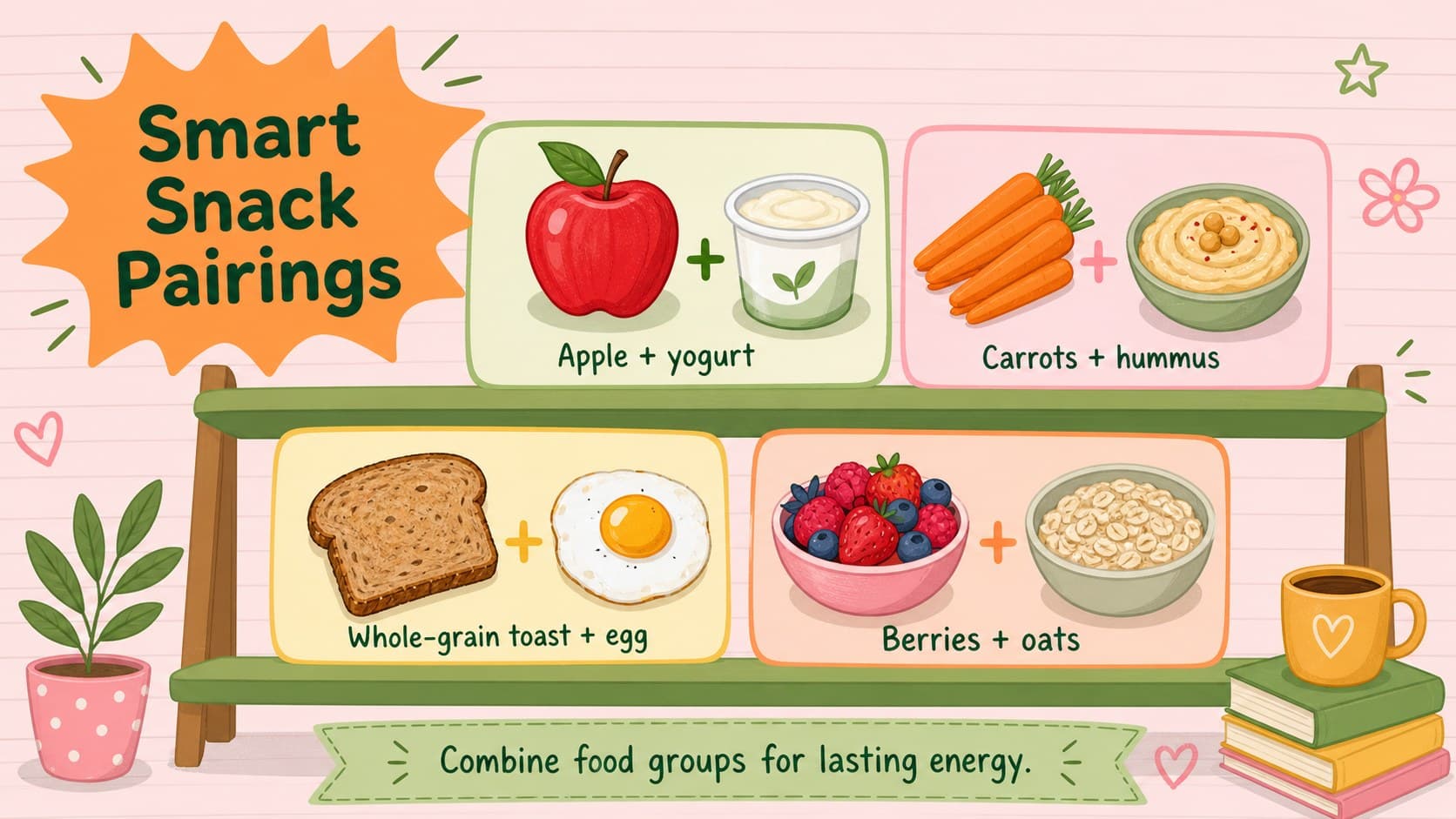 Healthy eating lesson presentation with practical snack combination ideas for students.