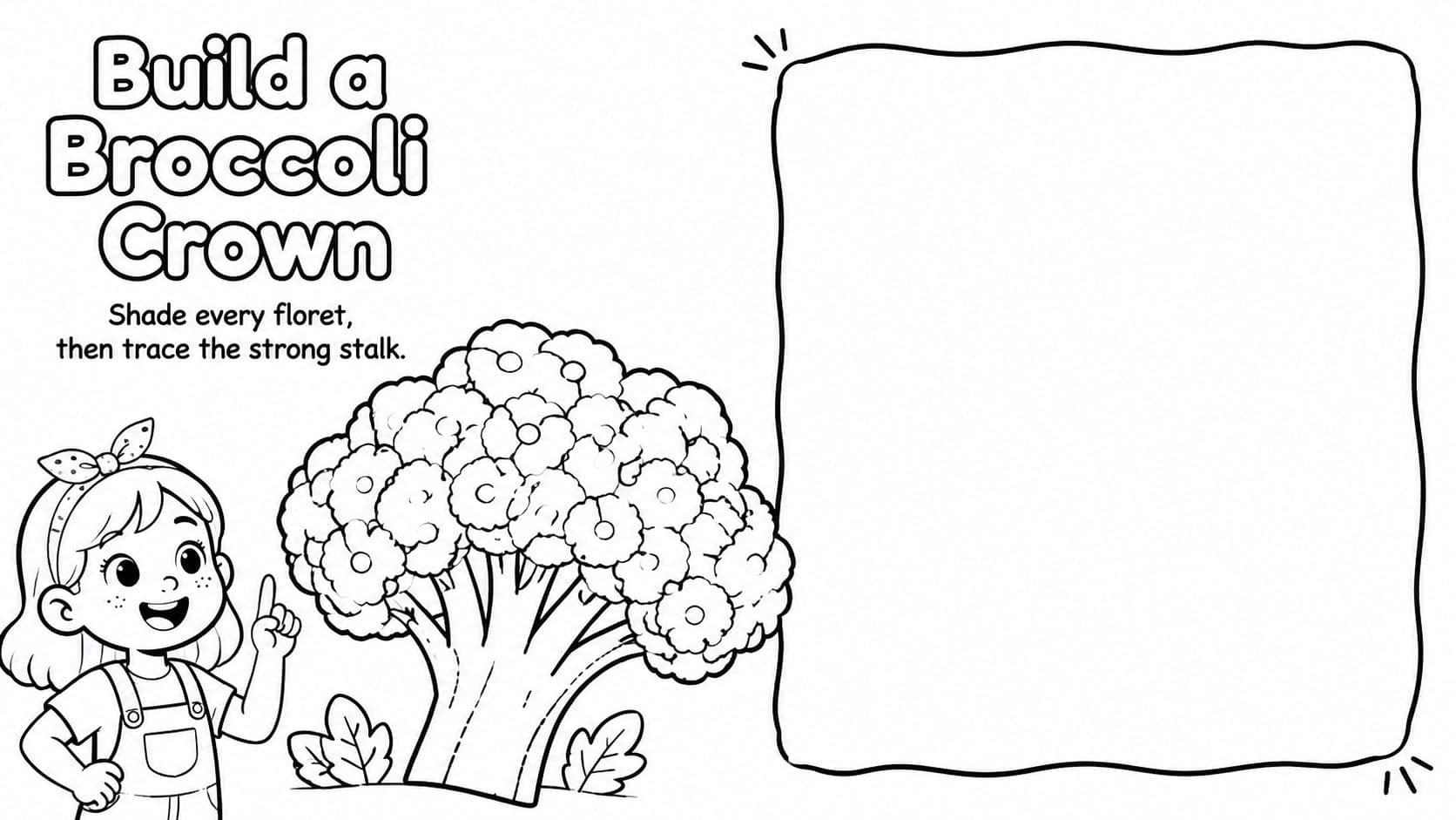 Black-and-white produce coloring sheet showing a detailed broccoli crown and vegetable facts prompt.