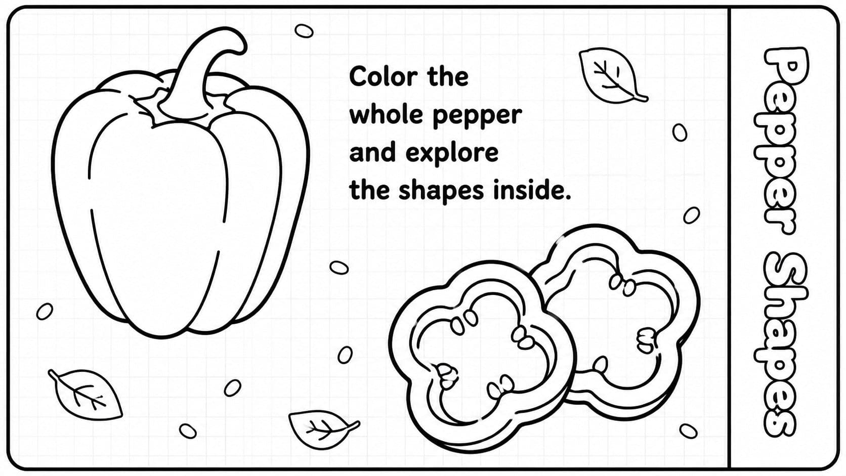 Kids coloring activity with sliced and whole bell peppers in a fresh black-and-white line-art layout.