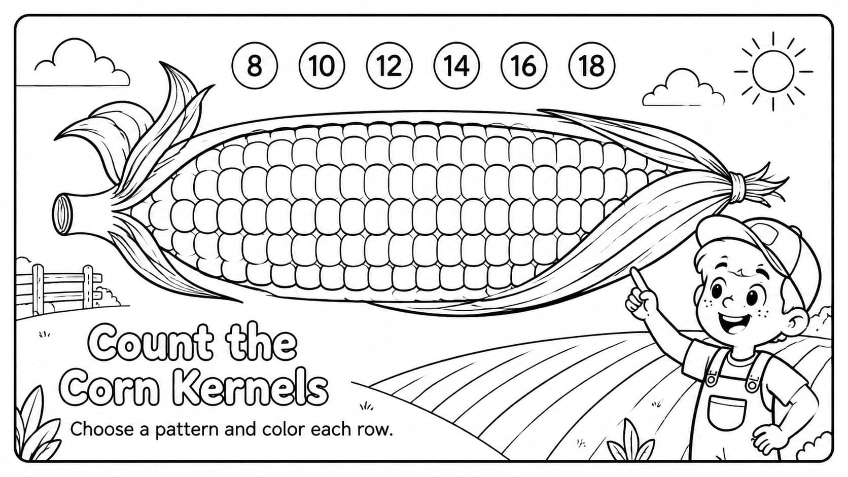 Elementary nutrition activity page featuring an ear of corn with kernels ready to color.