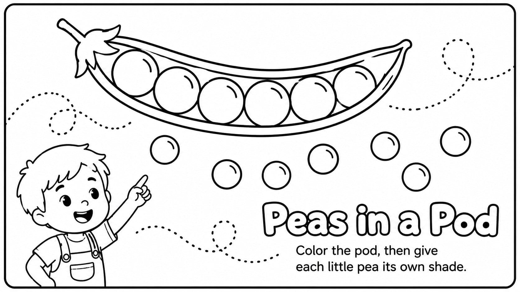 Preschool vegetable art lesson slide with peas, pods, and easy outlined shapes for coloring.