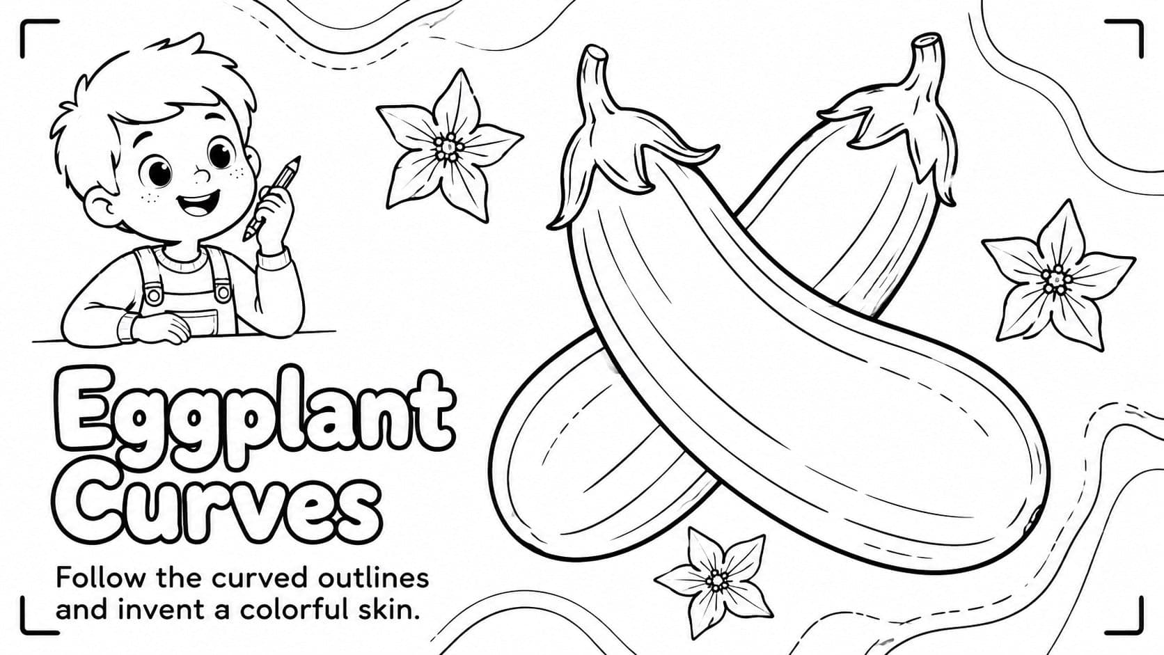 Black-and-white eggplant coloring activity with leaves, stars, and open space for creative shading.