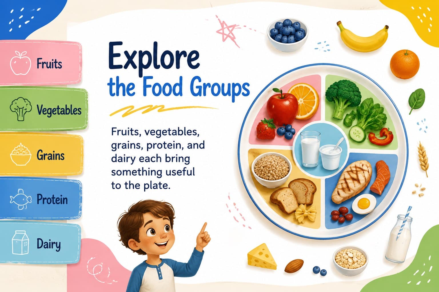 Food-group lesson slide showing colorful illustrated categories for a food group activity for elementary students.