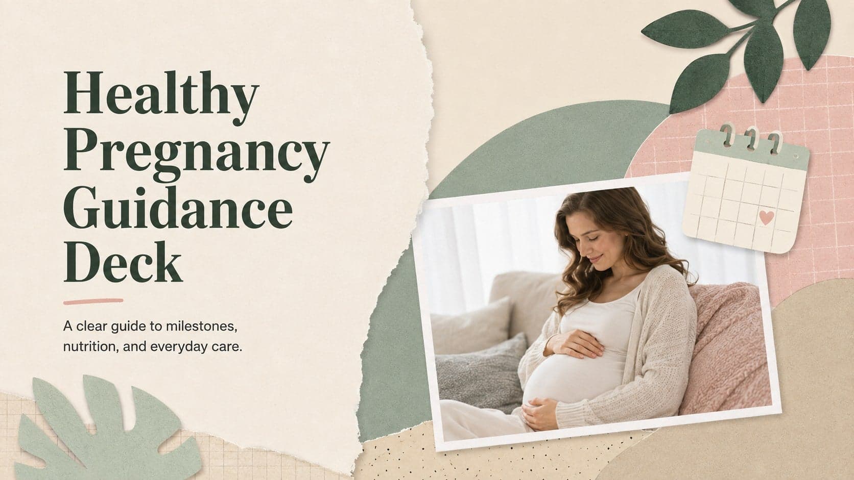 Cover of a healthy pregnancy guidance deck with a soft collage layout in beige, pink, and green.