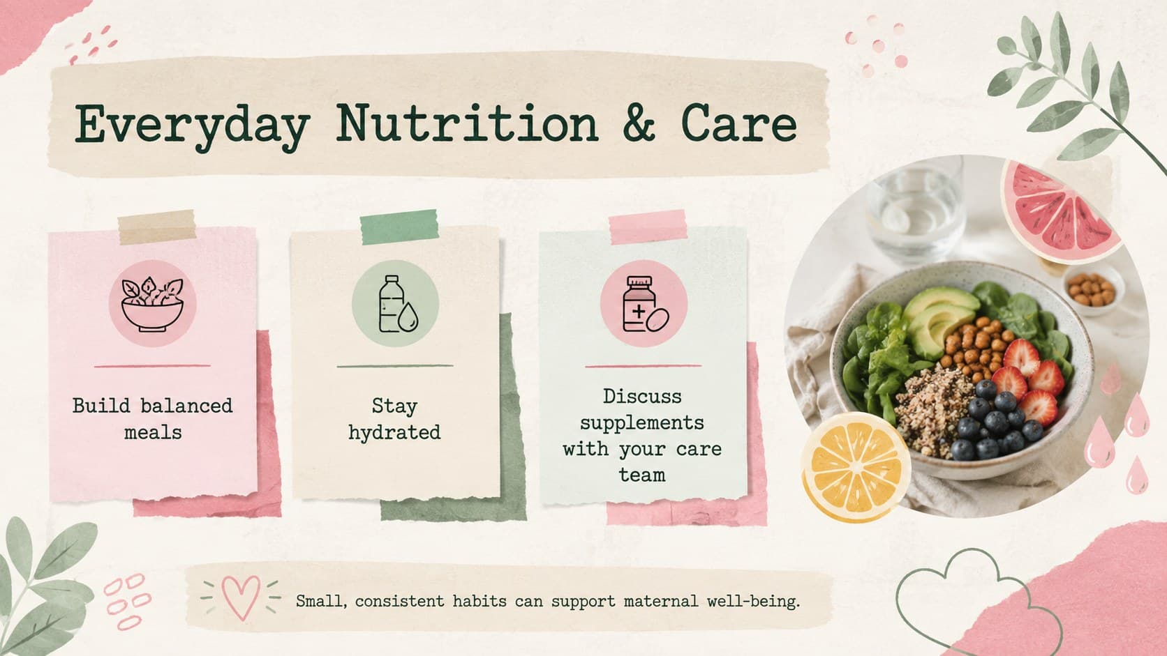 Pregnancy nutrition education slide presenting balanced meal ideas, hydration reminders, and daily care tips.