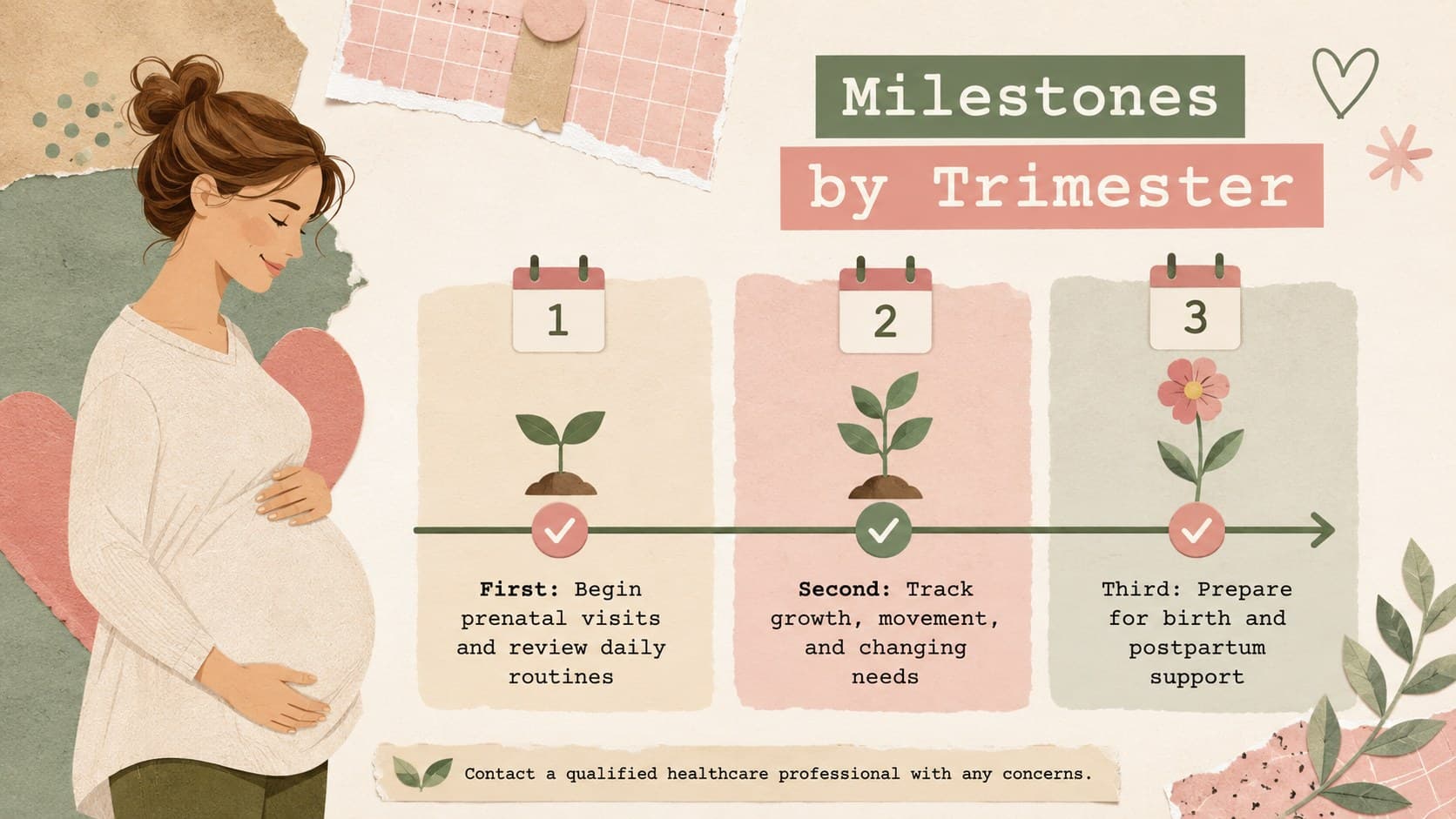 Trimester milestones visual guide showing three pregnancy stages with appointment and wellness reminders.