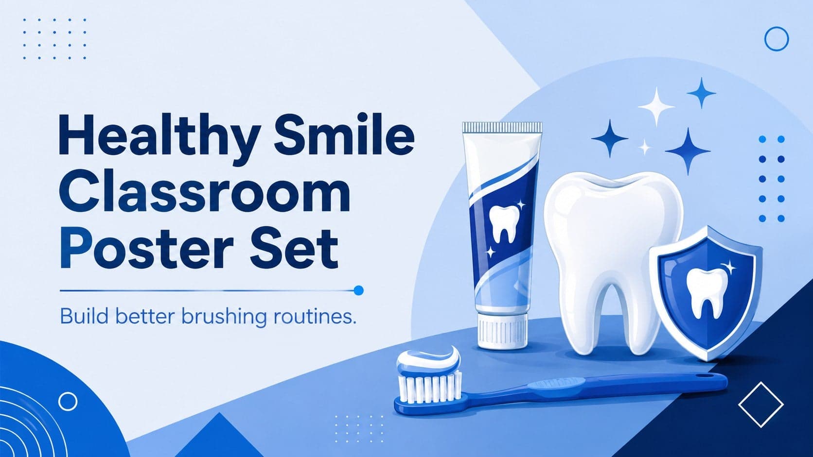 Blue Healthy Smile Classroom Poster Set cover with clean dental illustrations and a bold educational headline.