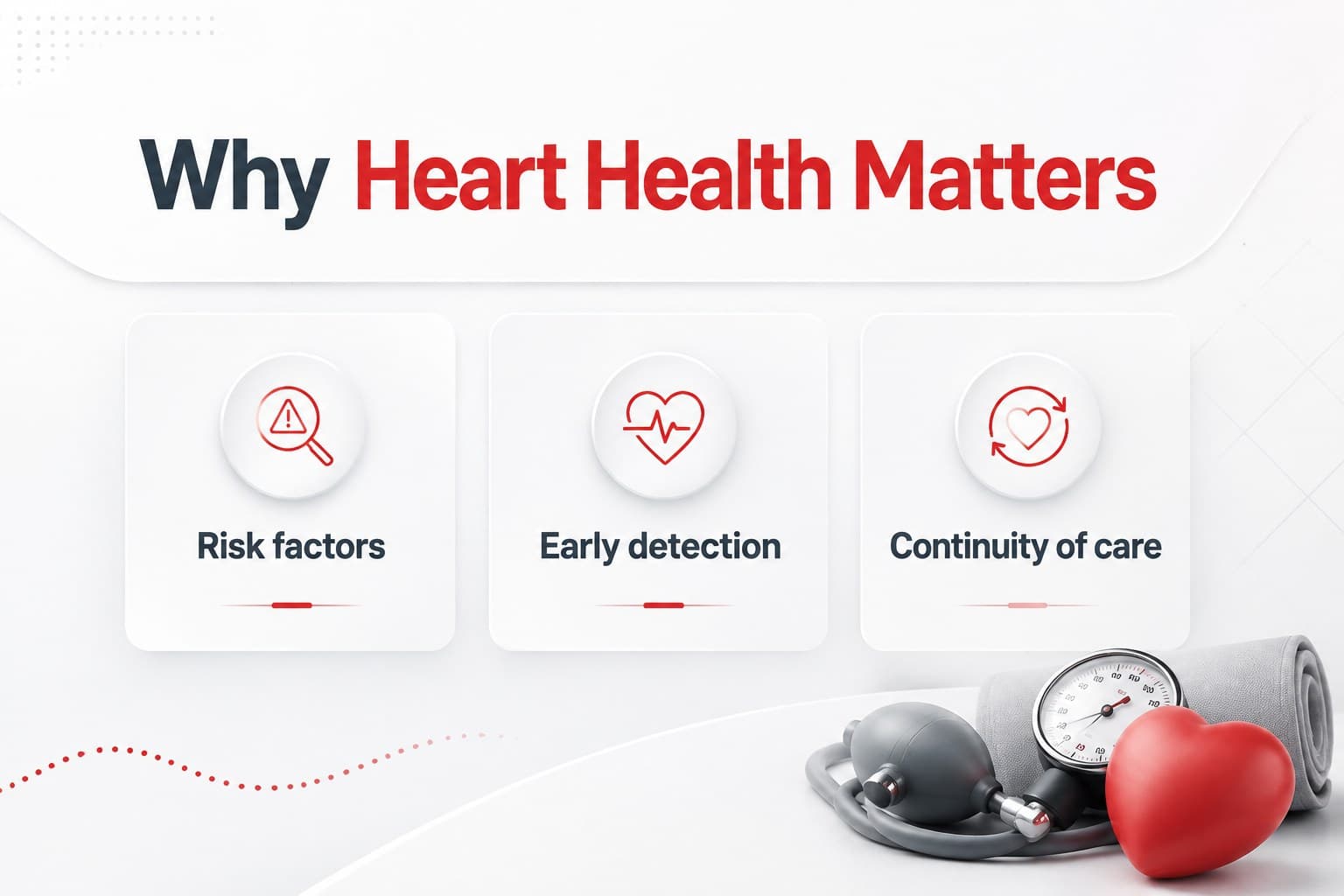 Clinical overview slide introducing heart health topics with a minimal 3D medical illustration.
