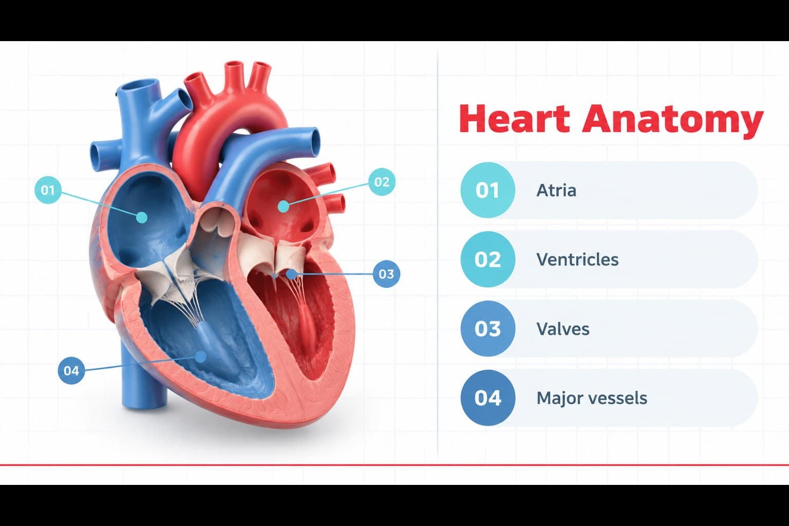 Heart anatomy slide with labeled structures for a 3d heart anatomy PowerPoint presentation.