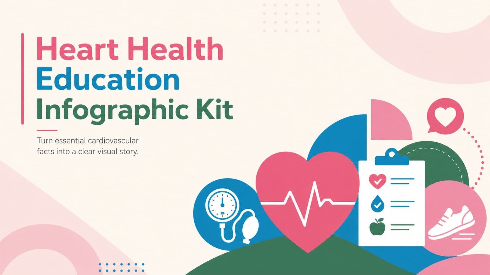 Cover for a heart health education infographic kit with colorful cardiovascular icons and a modern medical layout.