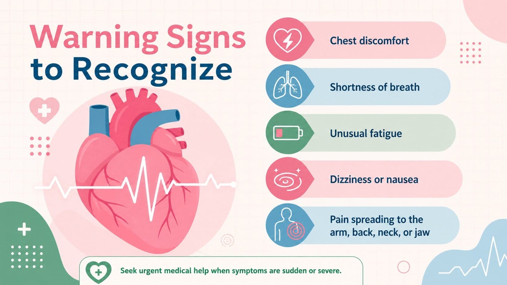 Heart disease symptoms infographic showing five warning-sign callouts in a bright pink, blue, and green design.