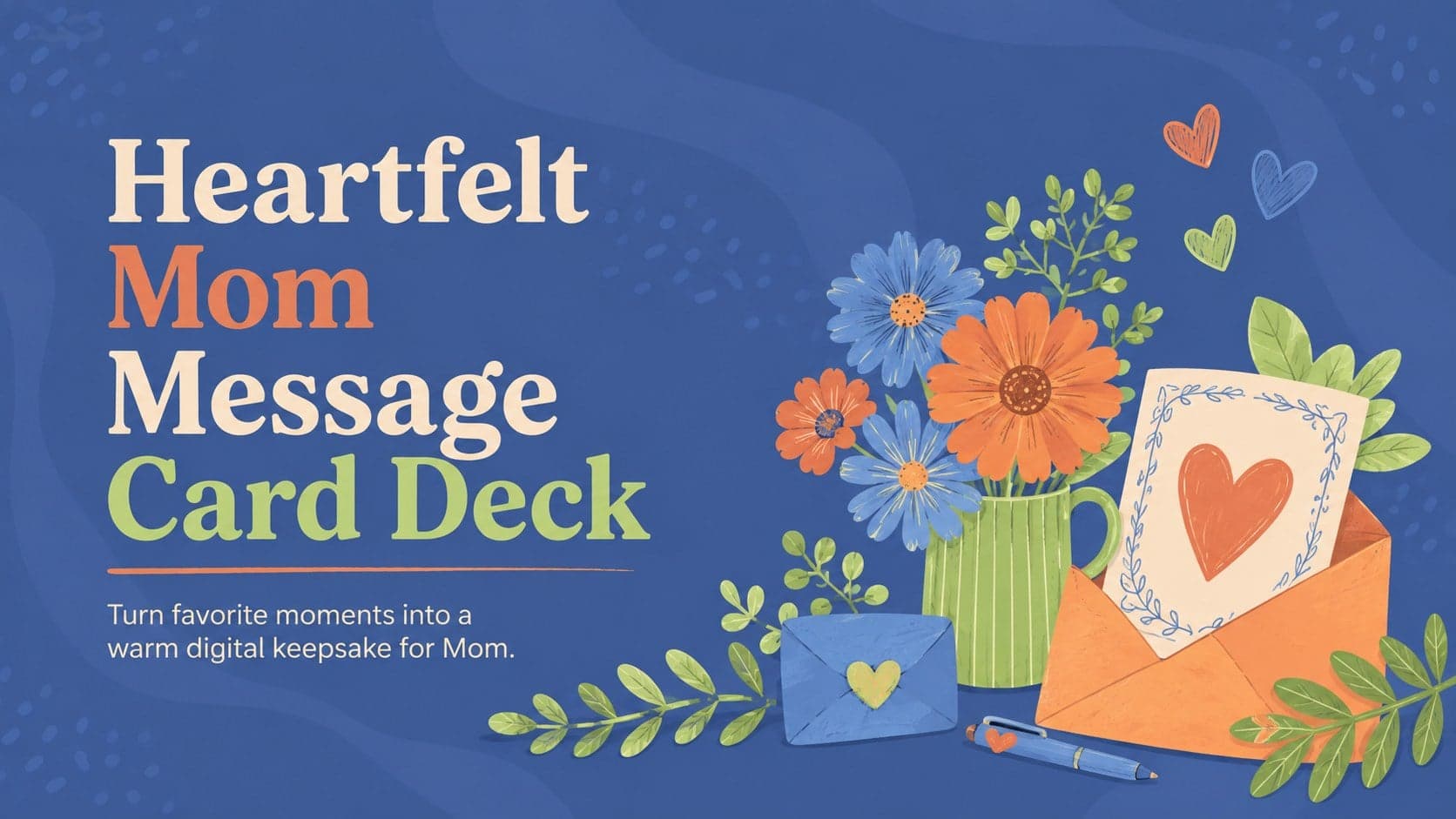 Cover of the Heartfelt Mom Message Card Deck with cheerful floral illustrations in blue, orange, and green.