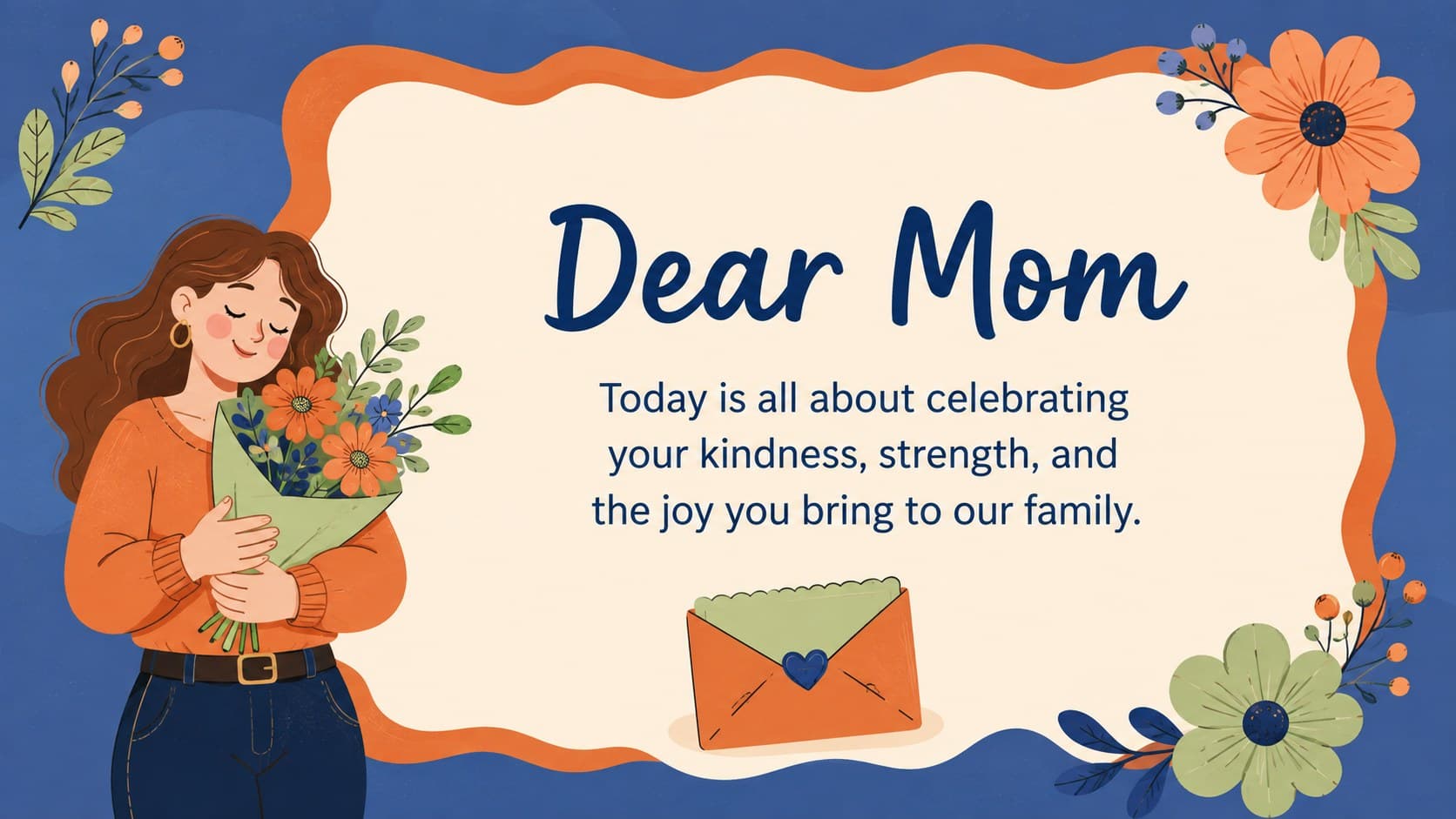 Illustrated Dear Mom greeting slide from a customizable Mother's Day memory slideshow.