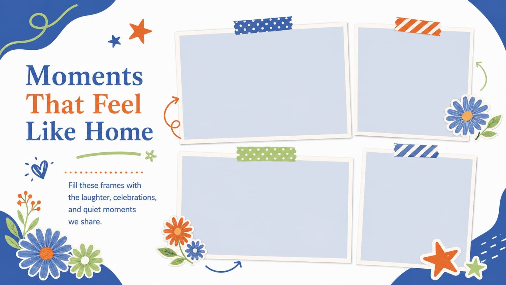 Family photo collage slide in a blue, orange, and green Mother's Day keepsake design.