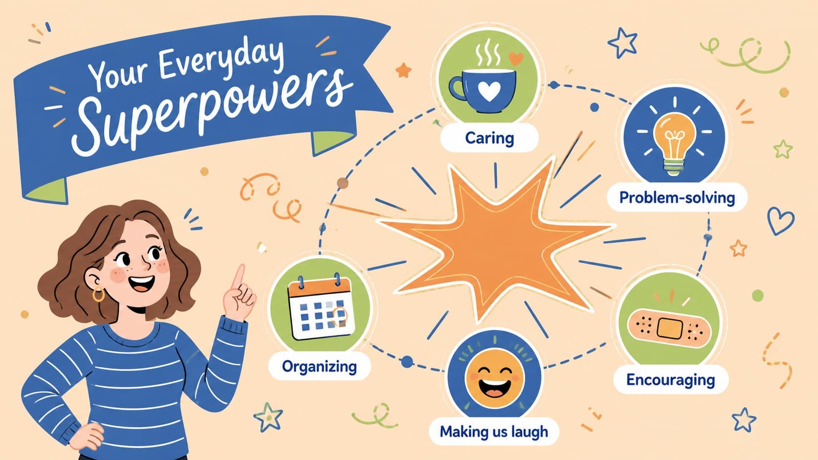 Playful Mother's Day slide celebrating Mom's everyday superpowers with original icons.