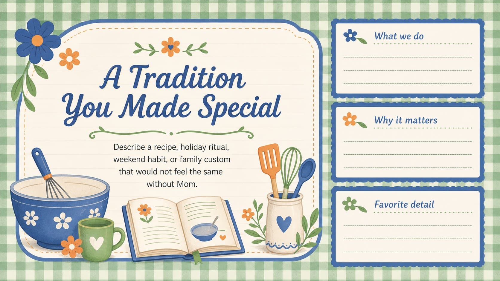 Family tradition page with illustrated recipe details for an editable Mother's Day greeting deck.