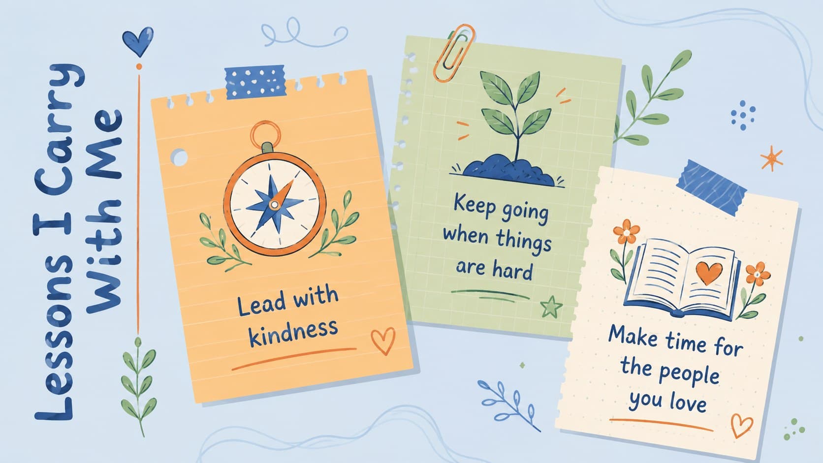 Life lessons from Mom displayed as three illustrated notes in a heartfelt tribute deck.