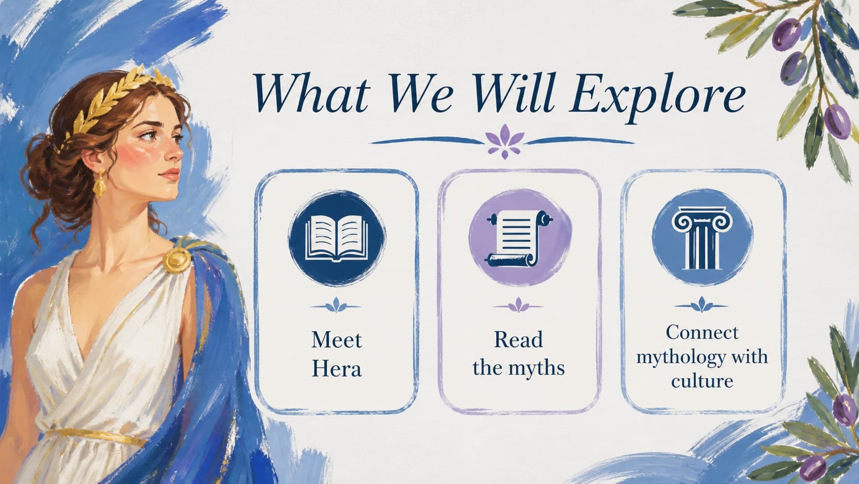 Lesson objectives slide outlining an engaging Greek mythology classroom presentation.