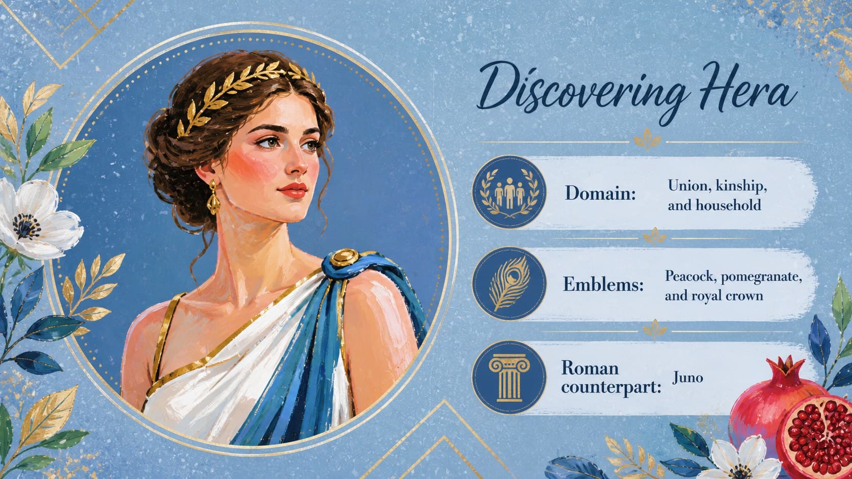 Character profile slide introducing Hera's role and attributes in Greek mythology.