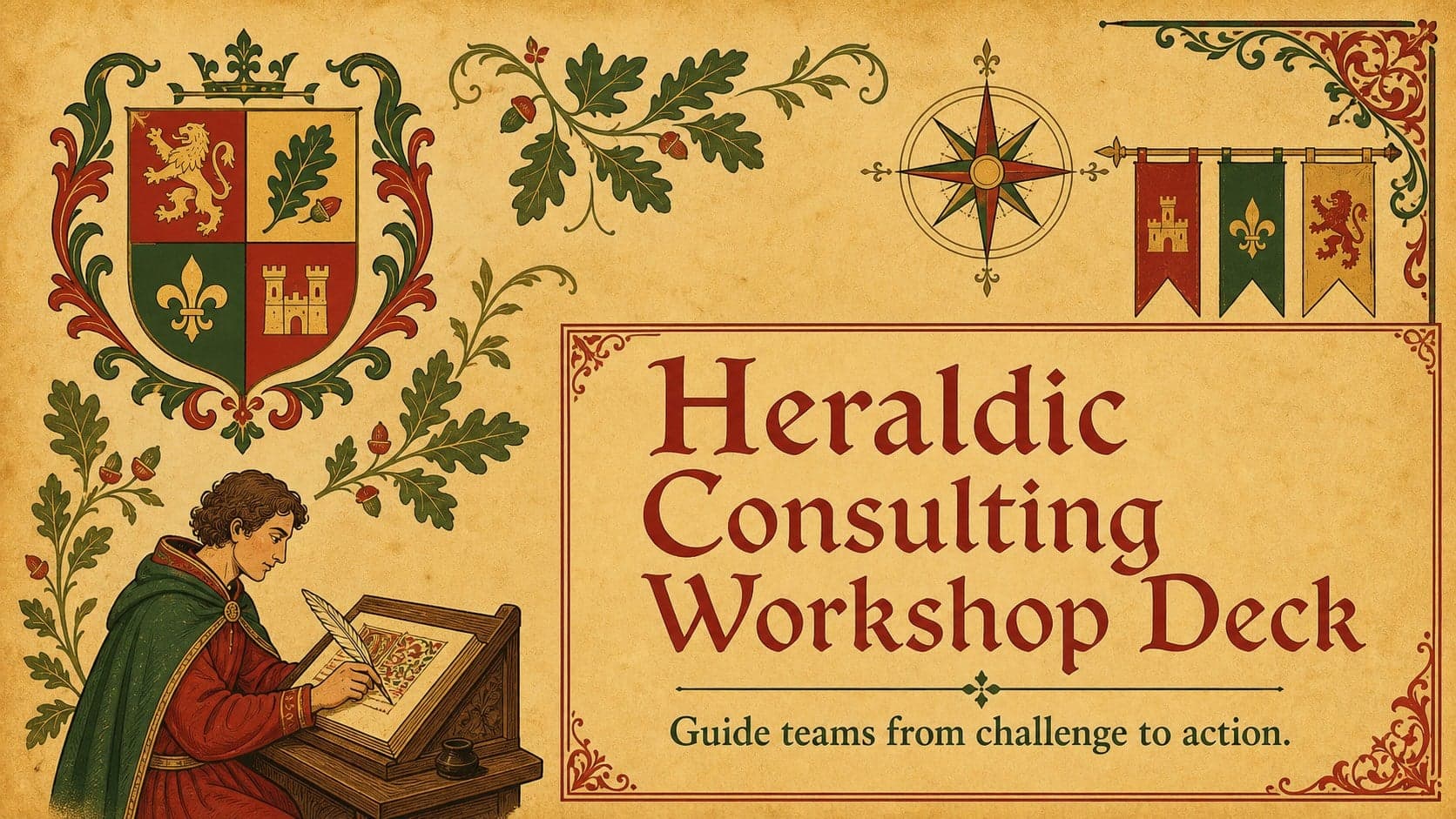 Cover of the Heraldic Consulting Workshop Deck with a gold crest, red and green accents, and an antique manuscript background.