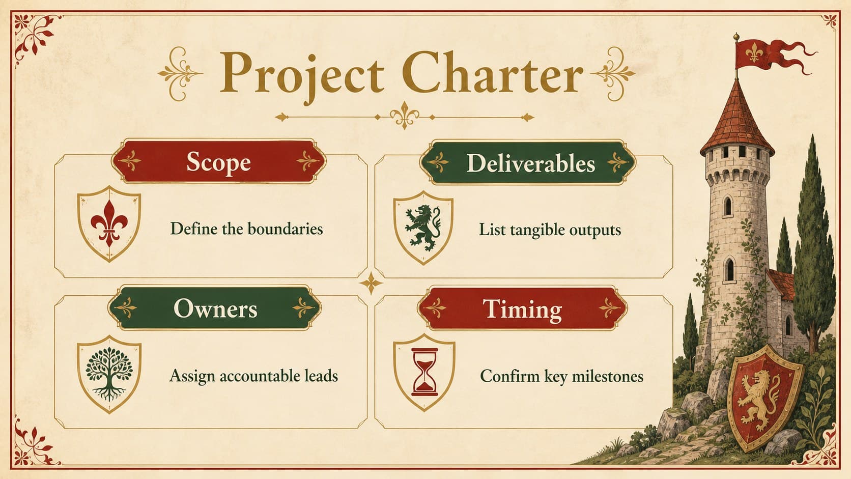 Heraldic project planning presentation slide outlining scope, deliverables, owners, and timing on a parchment grid.