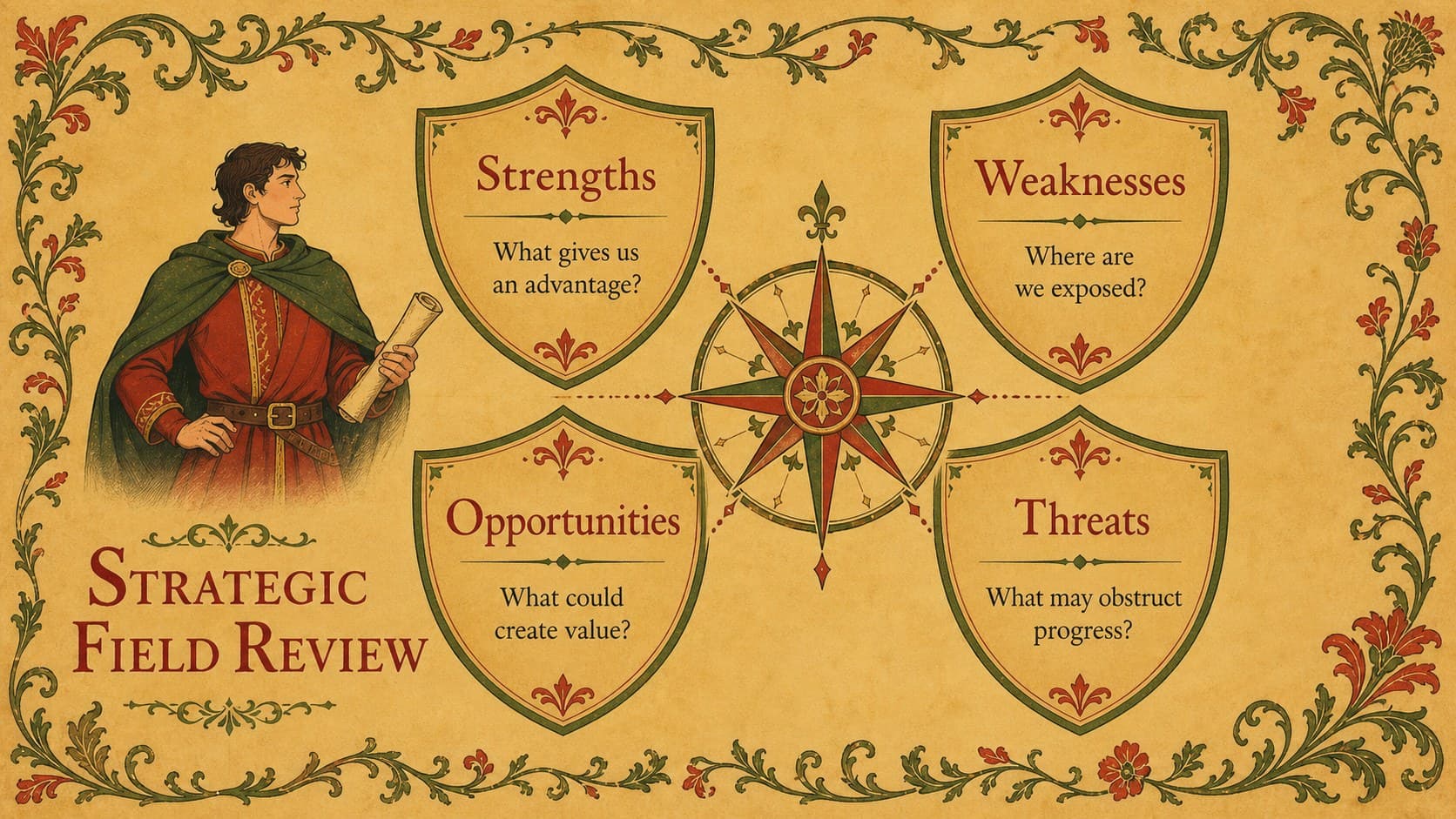 Medieval themed SWOT analysis with four heraldic sections for strengths, weaknesses, opportunities, and threats.