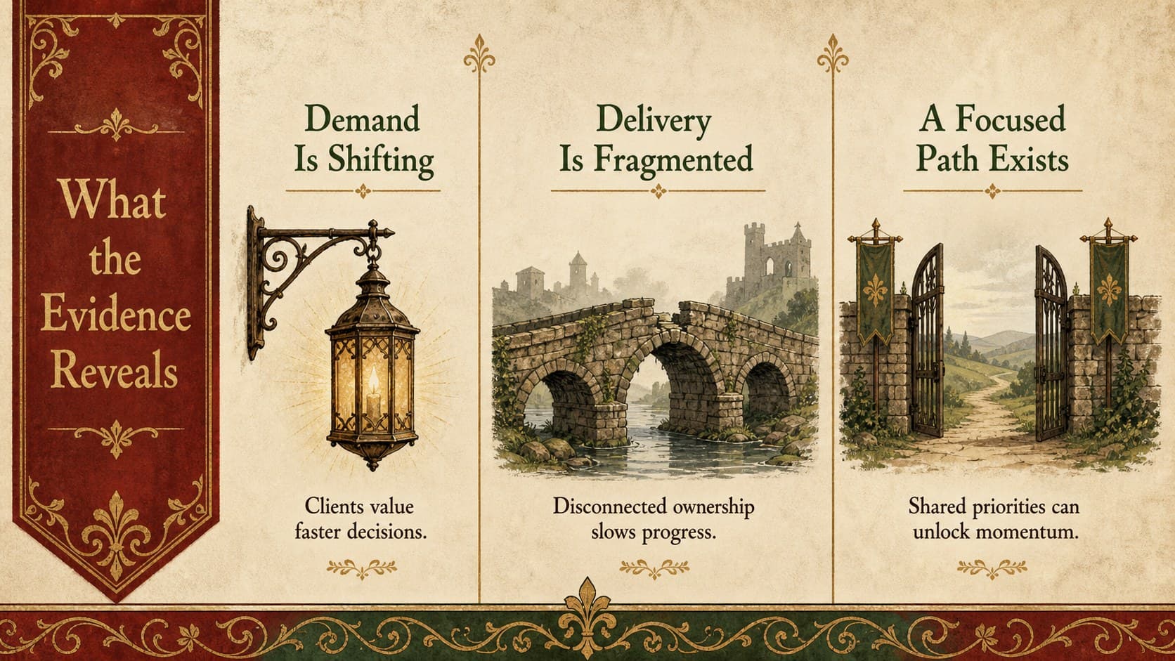 Heraldic consulting workshop deck slide presenting three evidence-based insight pillars with illustrated symbols.